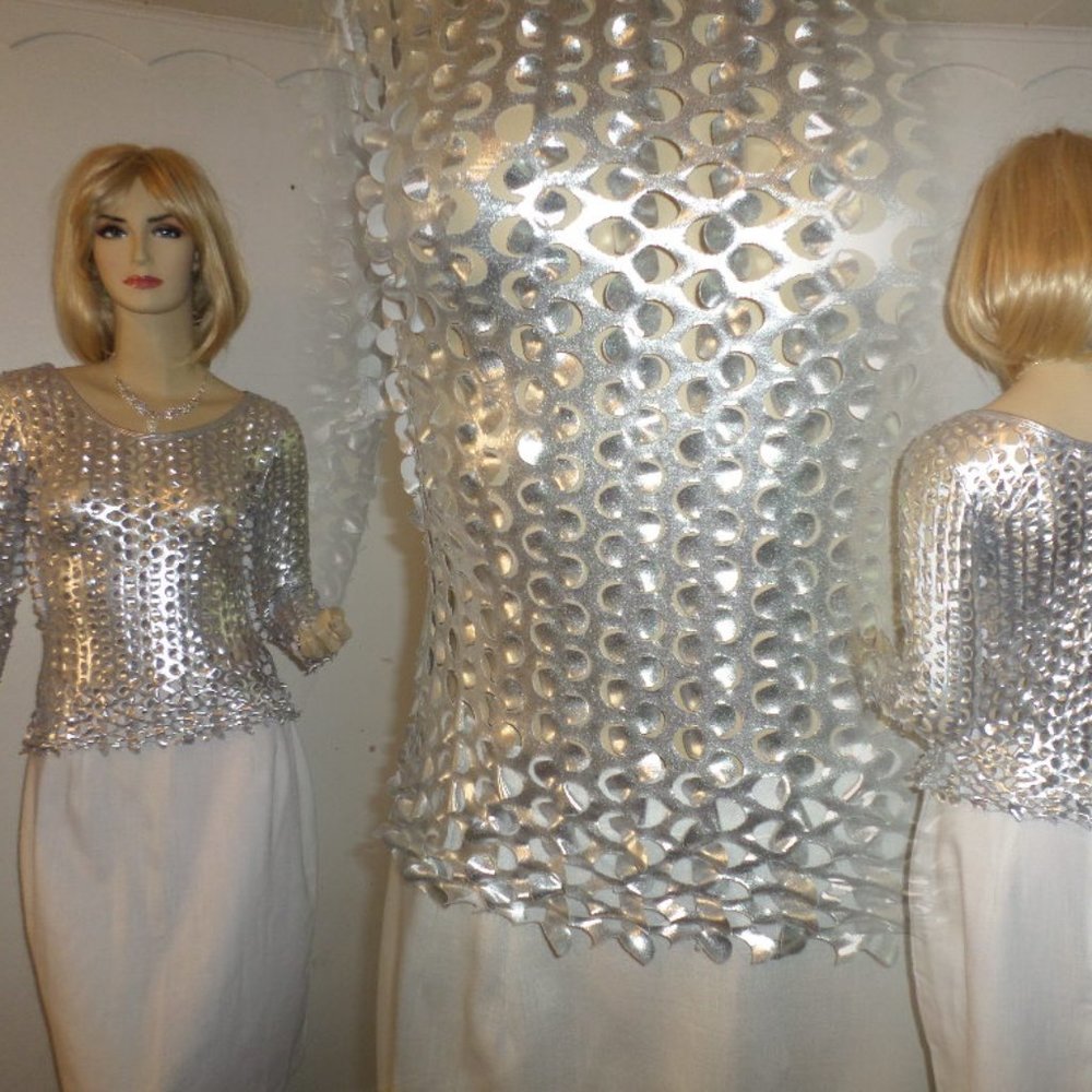 S.A. Silver Metallic Blouse Top Petal Cut